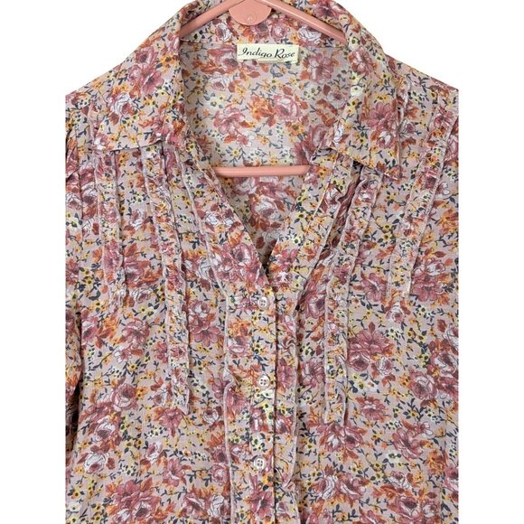 Indigo Rose Women size M Floral Button Up Ruffle Cottagecore Bohemian Top Soft - Picture 2 of 10